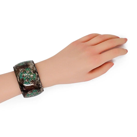 1970s Native American Navajo Turquoise Mosaic Chip Inlay Sterling Silver Cuff Bracelet