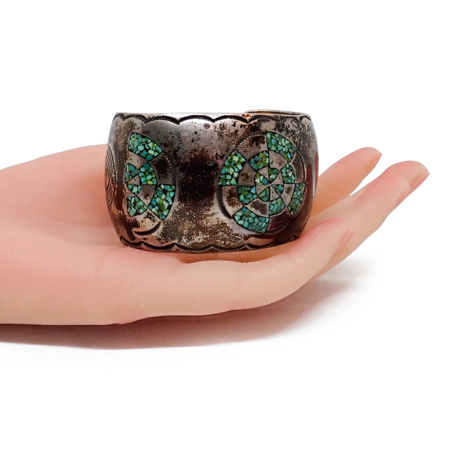 1970s Native American Navajo Turquoise Mosaic Chip Inlay Hand-Engraved Sterling Silver Cuff Bracelet