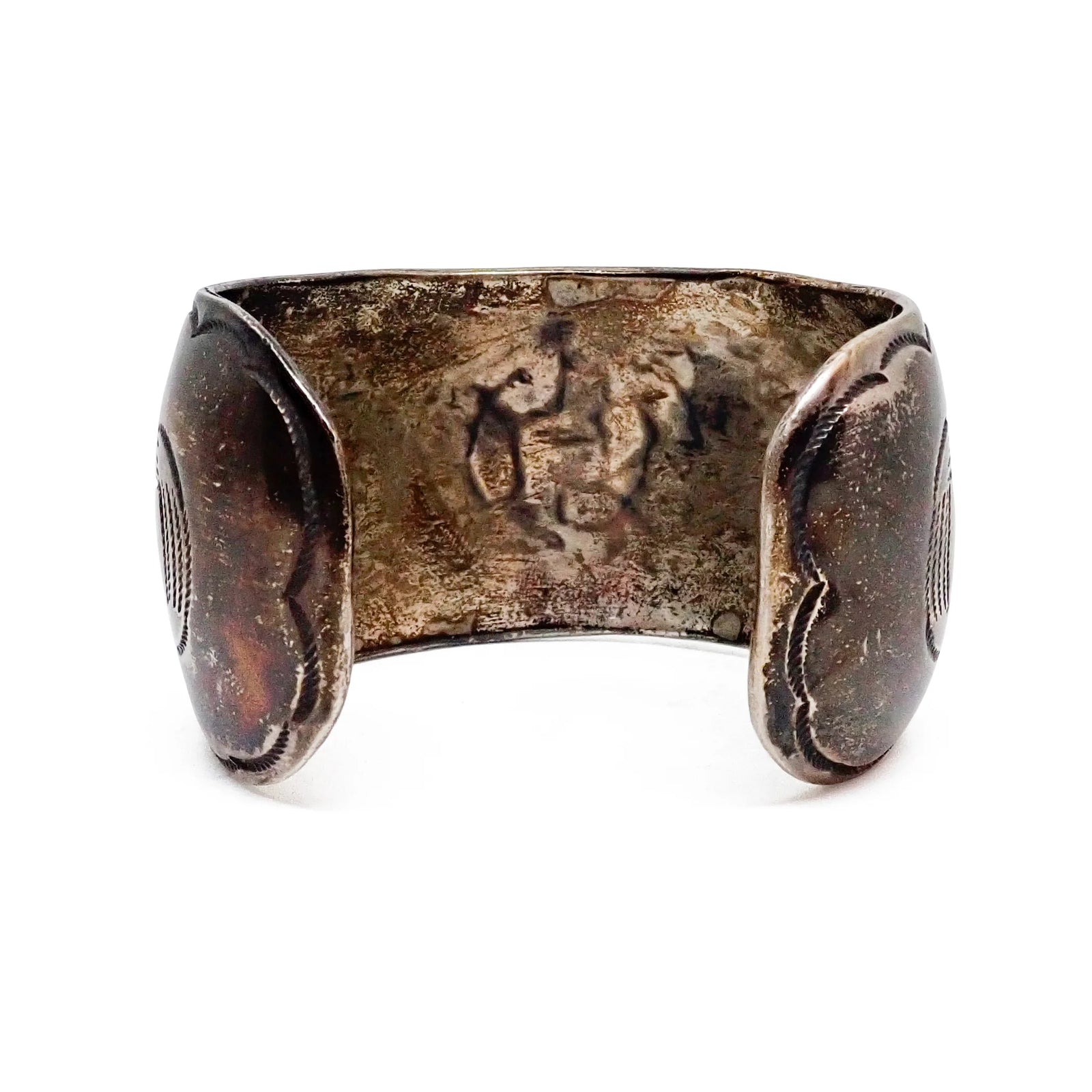 1970s Native American Navajo Turquoise Mosaic Chip Inlay Hand-Engraved Sterling Silver Cuff Bracelet