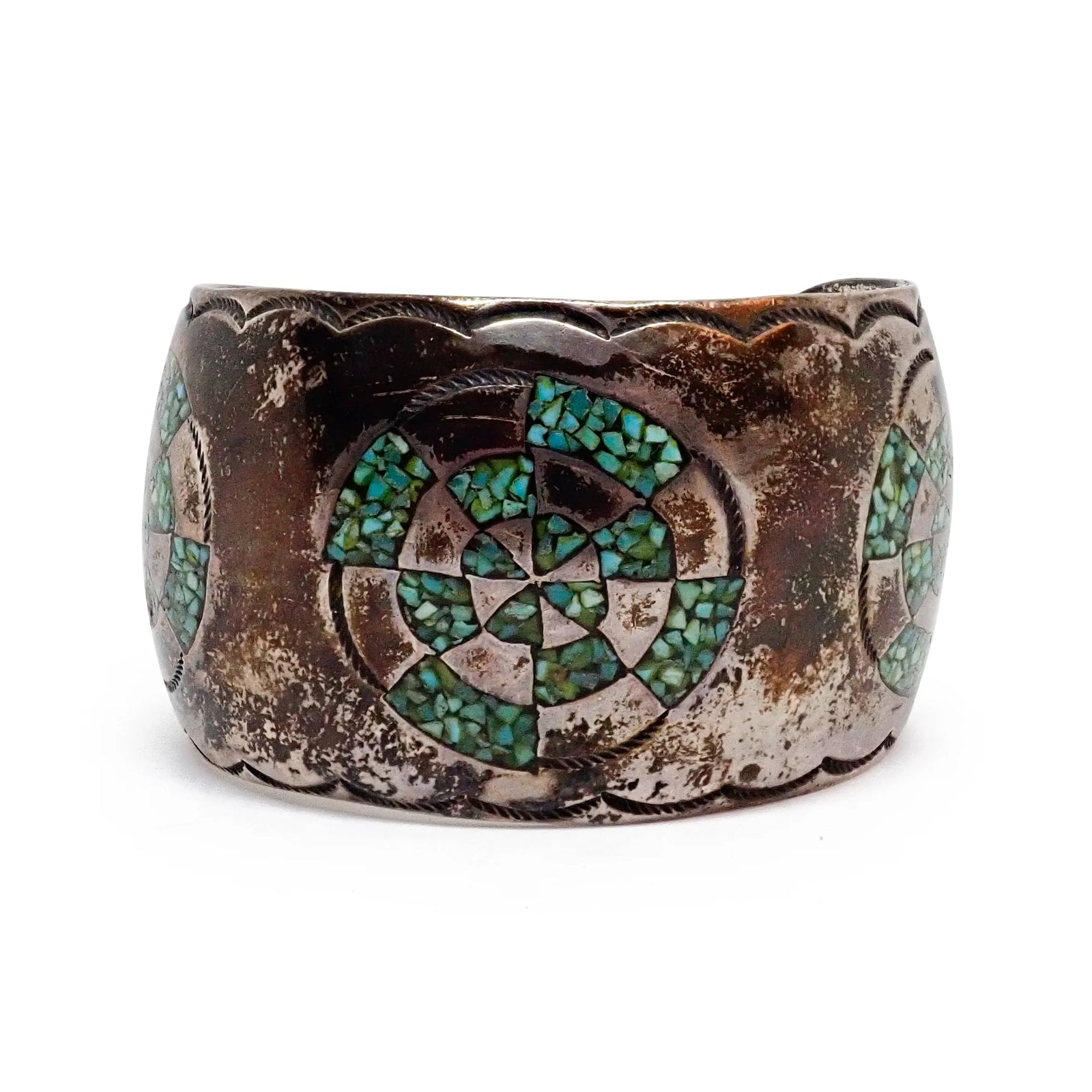 1970s Native American Navajo Turquoise Mosaic Chip Inlay Hand-Engraved Sterling Silver Cuff Bracelet