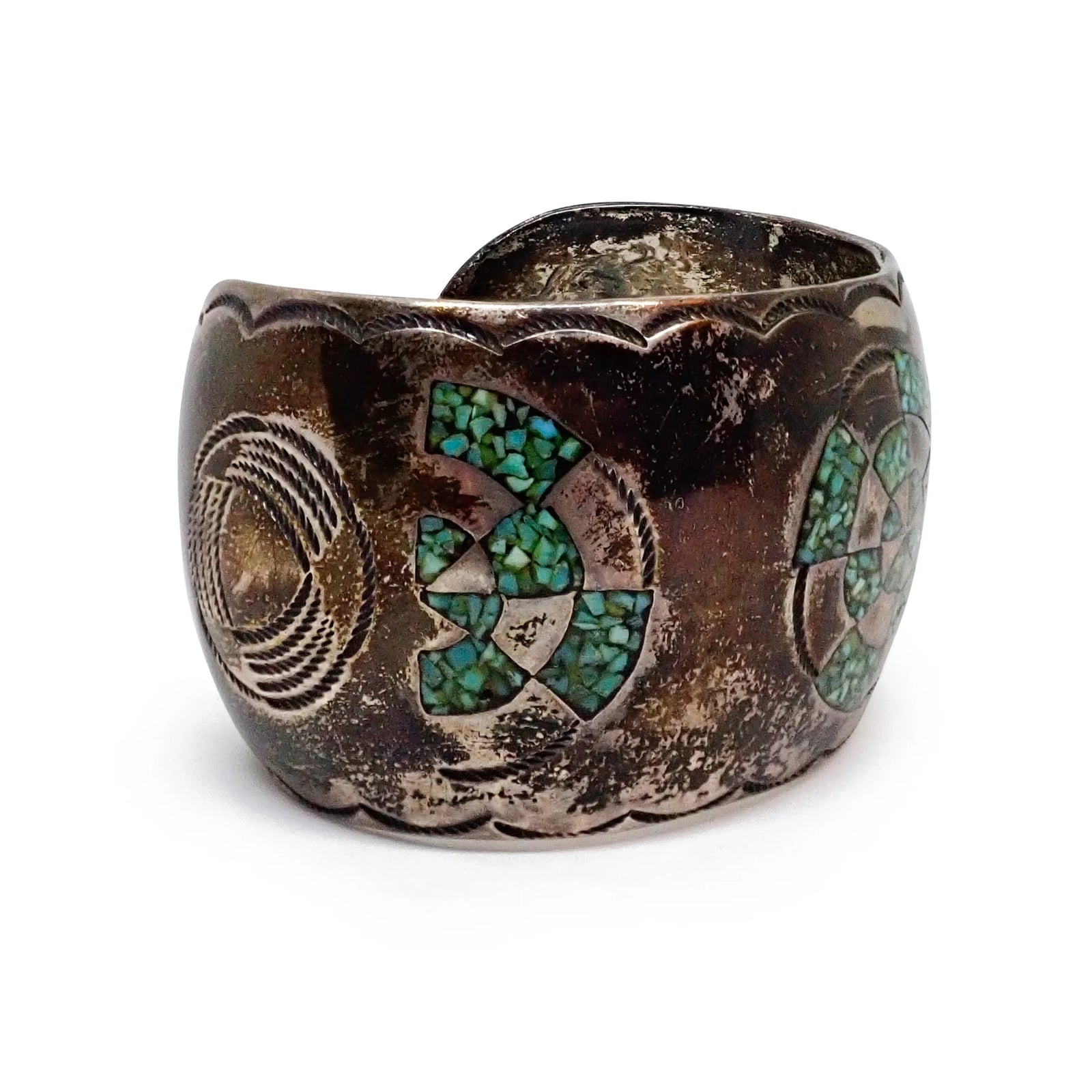 1970s Native American Navajo Turquoise Mosaic Chip Inlay Hand-Engraved Sterling Silver Cuff Bracelet