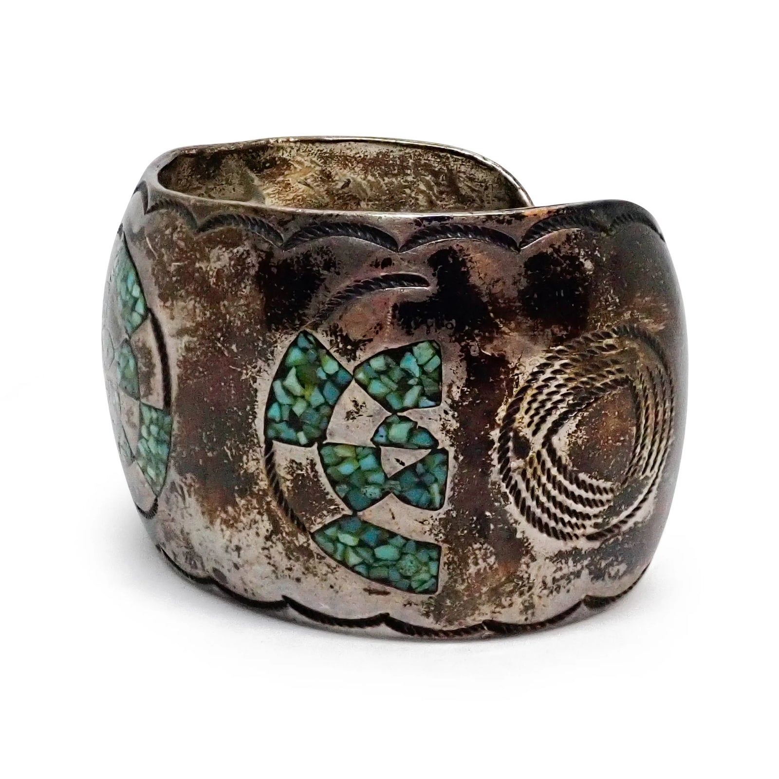 1970s Native American Navajo Turquoise Mosaic Chip Inlay Hand-Engraved Sterling Silver Cuff Bracelet