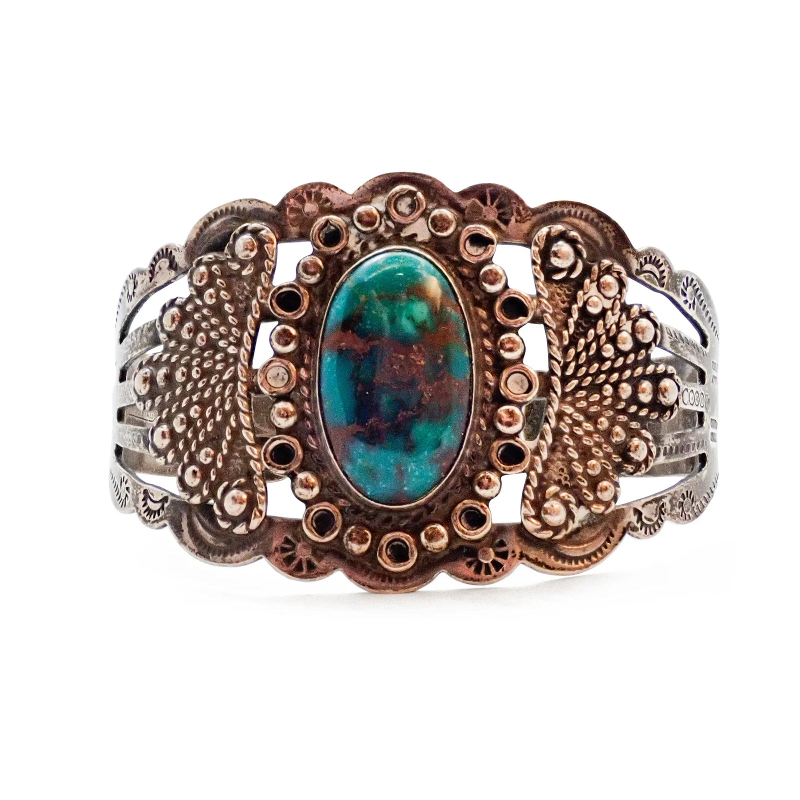 1940s Harvey Era High-Grade Natural Turquoise Sterling Silver Navajo Cuff Bracelet by SILVER ARROW