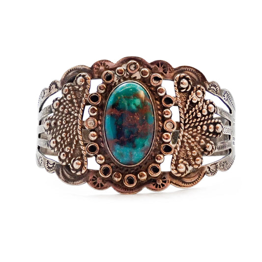 Native American Harvey Era Revival Turquoise Stamped Sterling Silver Cuff Bracelet by SILVER ARROW