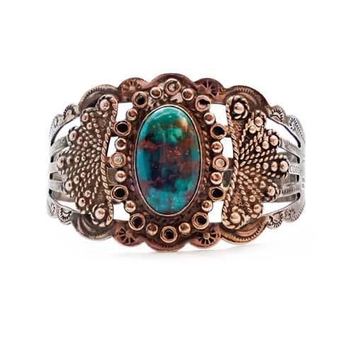 Native American Harvey Era Revival Turquoise Stamped Sterling Silver Cuff Bracelet by SILVER ARROW