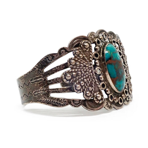 Native American Harvey Era Revival Turquoise Stamped Sterling Silver Cuff Bracelet by SILVER ARROW