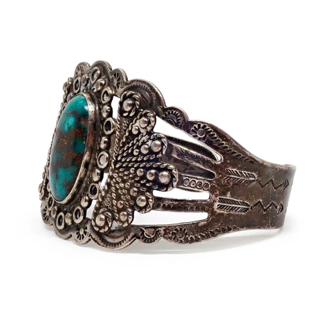 Native American Harvey Era Revival Turquoise Stamped Sterling Silver Cuff Bracelet by SILVER ARROW