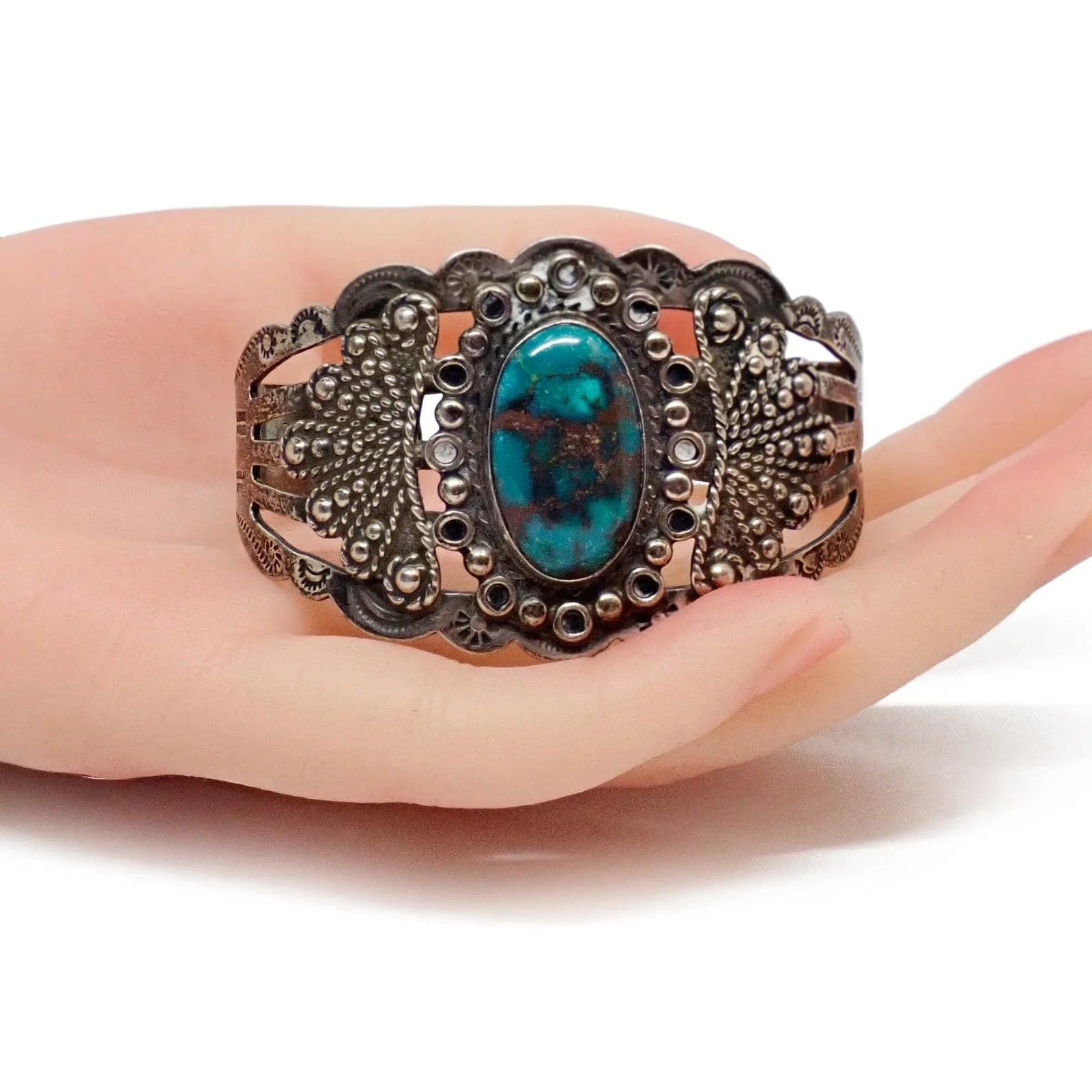 1940s Harvey Era High-Grade Natural Turquoise Sterling Silver Navajo Cuff Bracelet by SILVER ARROW