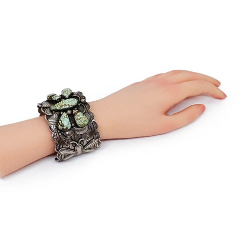 Native American Navajo Turquoise Butterfly Cluster Stamped Sterling Silver Cuff Bracelet by CUSTER
