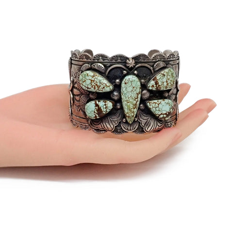 Native American Navajo Turquoise Butterfly Cluster Stamped Sterling Silver Cuff Bracelet by CUSTER