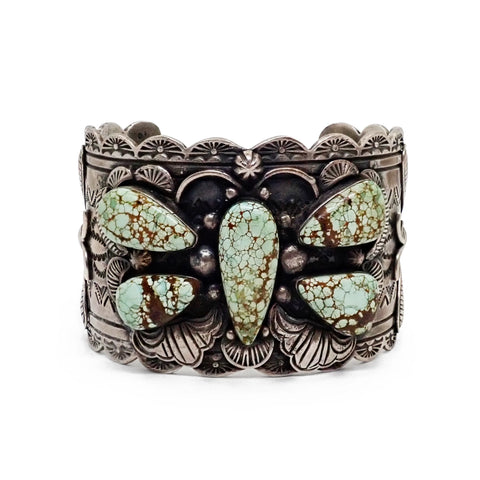 Native American Navajo Turquoise Butterfly Cluster Stamped Sterling Silver Cuff Bracelet by CUSTER