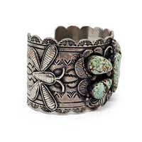Native American Navajo Turquoise Butterfly Cluster Stamped Sterling Silver Cuff Bracelet by CUSTER