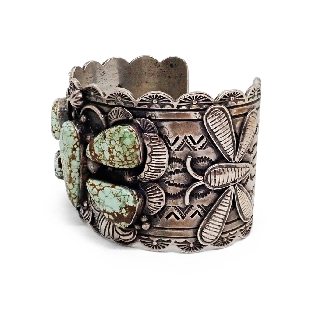 Native American Navajo Turquoise Butterfly Cluster Stamped Sterling Silver Cuff Bracelet by CUSTER