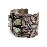 Native American Navajo Turquoise Butterfly Cluster Stamped Sterling Silver Cuff Bracelet by CUSTER