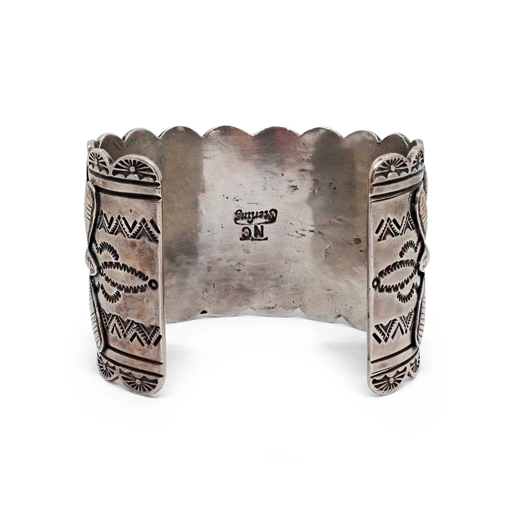Native American Navajo Turquoise Butterfly Cluster Stamped Sterling Silver Cuff Bracelet by CUSTER