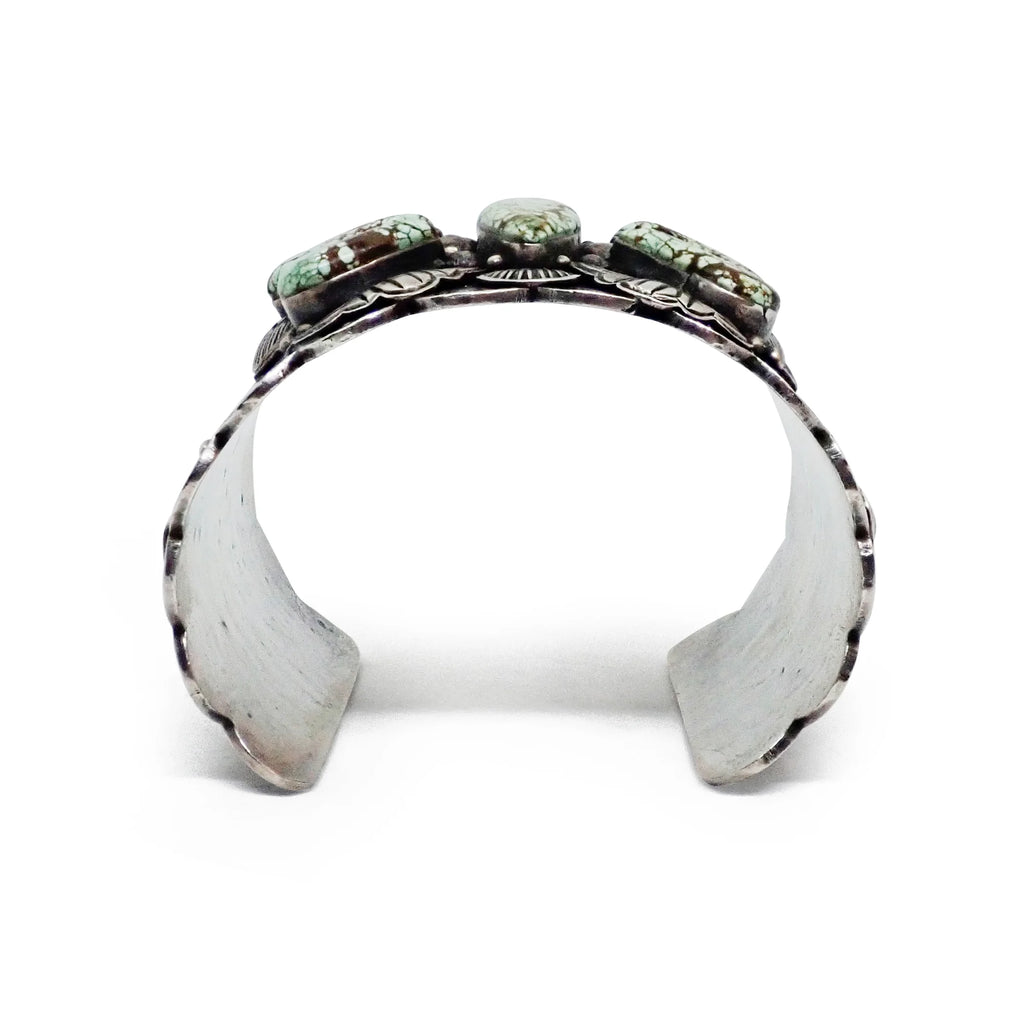Native American Navajo Turquoise Butterfly Cluster Stamped Sterling Silver Cuff Bracelet by CUSTER
