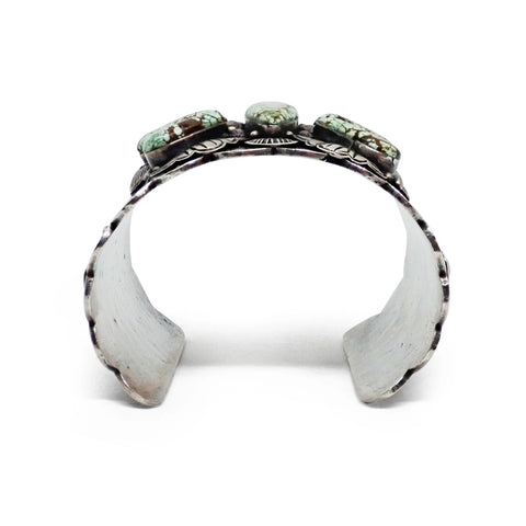 Native American Navajo Turquoise Butterfly Cluster Stamped Sterling Silver Cuff Bracelet by CUSTER