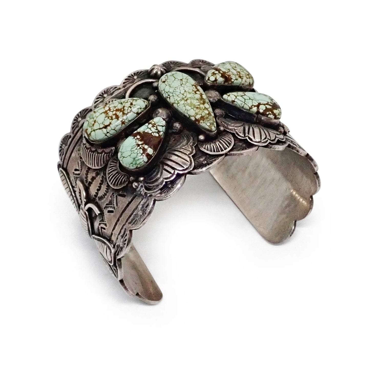 Native American Navajo Turquoise Butterfly Cluster Stamped Sterling Silver Cuff Bracelet by CUSTER
