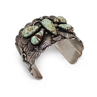 Native American Navajo Turquoise Butterfly Cluster Stamped Sterling Silver Cuff Bracelet by CUSTER