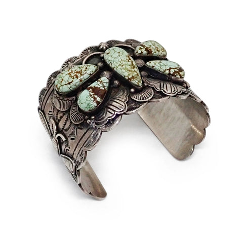 Native American Navajo Turquoise Butterfly Cluster Stamped Sterling Silver Cuff Bracelet by CUSTER