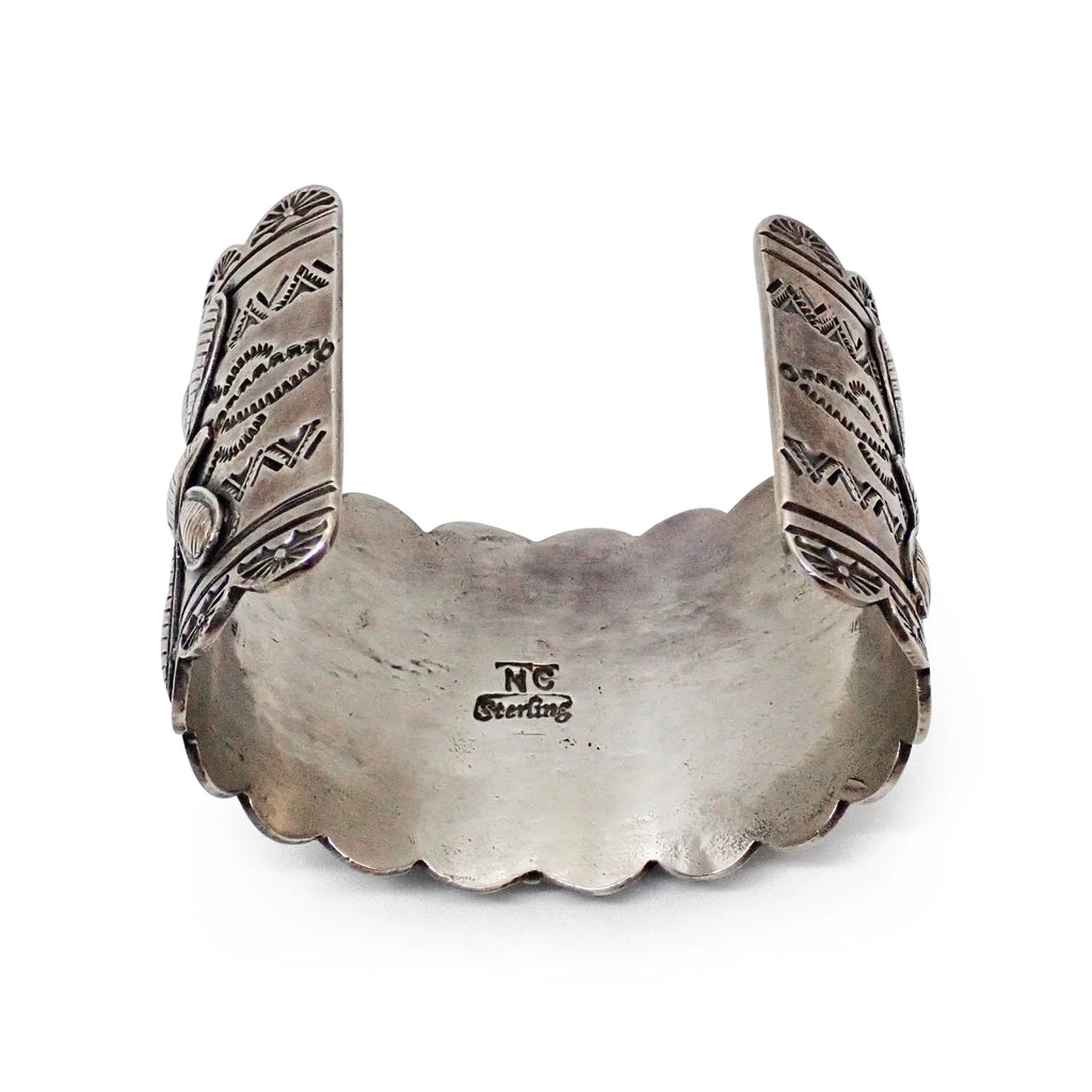 Native American Navajo Turquoise Butterfly Cluster Stamped Sterling Silver Cuff Bracelet by CUSTER