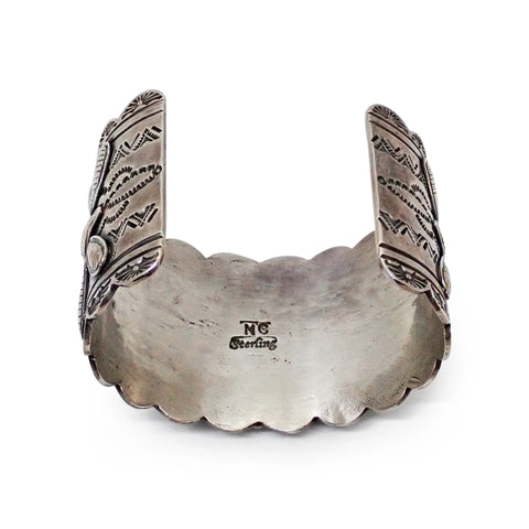 Native American Navajo Turquoise Butterfly Cluster Stamped Sterling Silver Cuff Bracelet by CUSTER