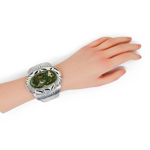 Native American Navajo Dark Green Royston Turquoise Sterling Silver Cuff Bracelet by KEE