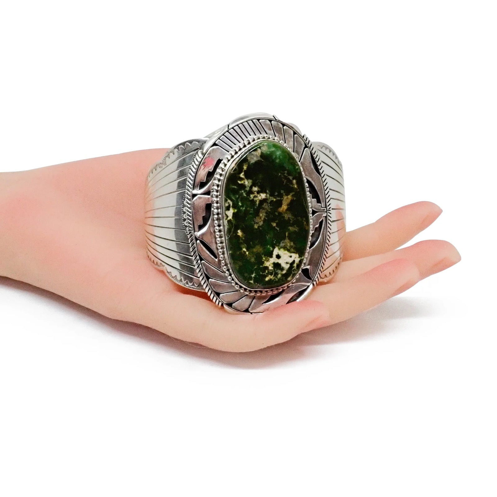 Native American Navajo Dark Green Royston Turquoise Sterling Silver Cuff Bracelet by E. KEE