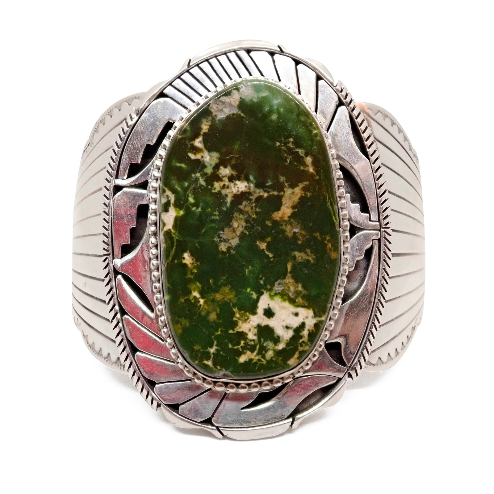 Native American Navajo Dark Green Royston Turquoise Sterling Silver Cuff Bracelet by E. KEE