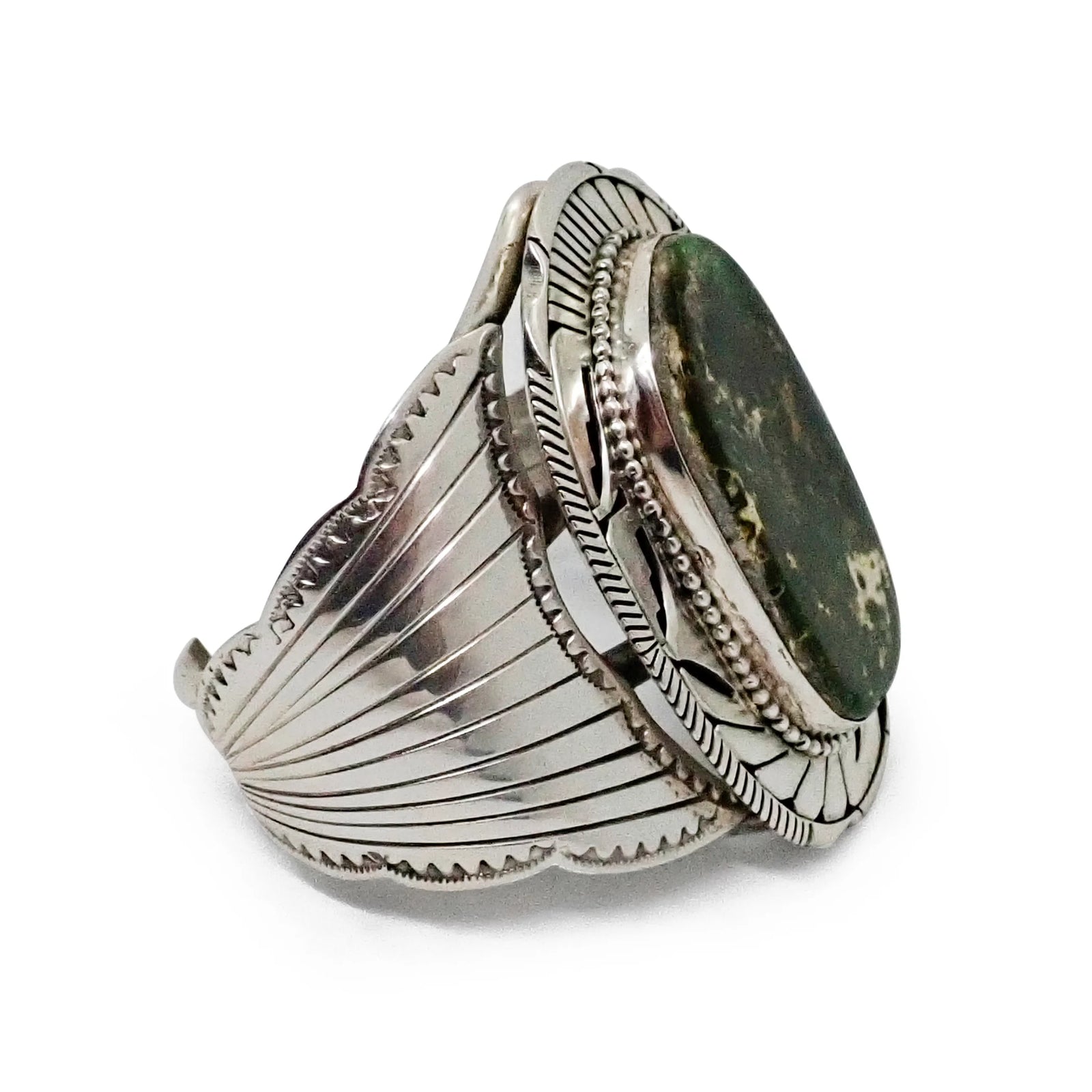 Native American Navajo Dark Green Royston Turquoise Sterling Silver Cuff Bracelet by E. KEE