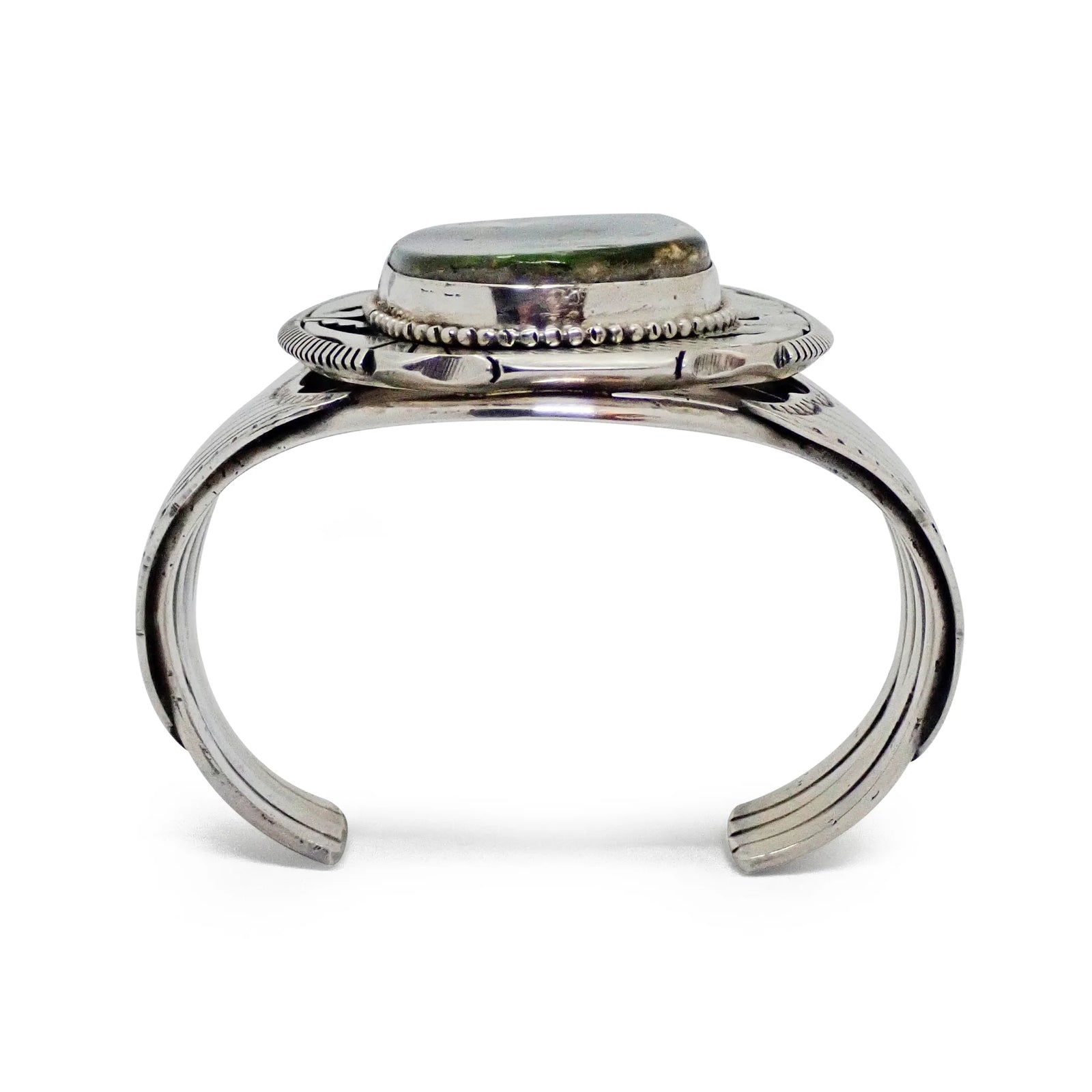 Native American Navajo Dark Green Royston Turquoise Sterling Silver Cuff Bracelet by E. KEE