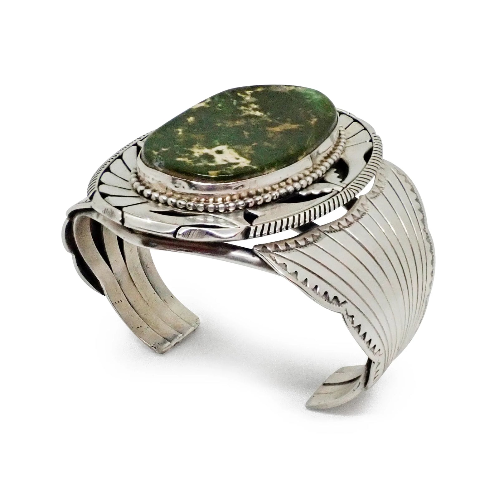 Native American Navajo Dark Green Royston Turquoise Sterling Silver Cuff Bracelet by E. KEE