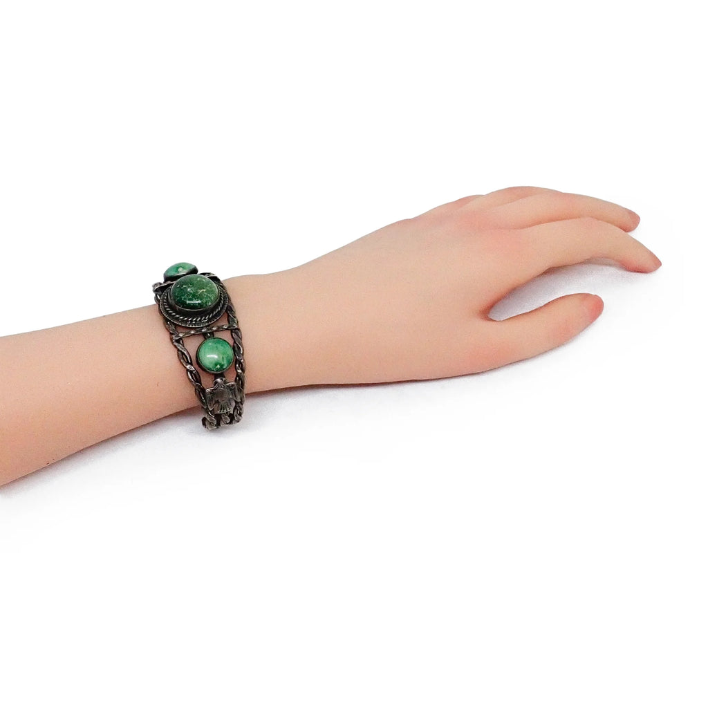 Vintage Boho-Chic Cerrillos Turquoise & Eagle Applique Twisted Wire Sterling Silver Cuff Bracelet
