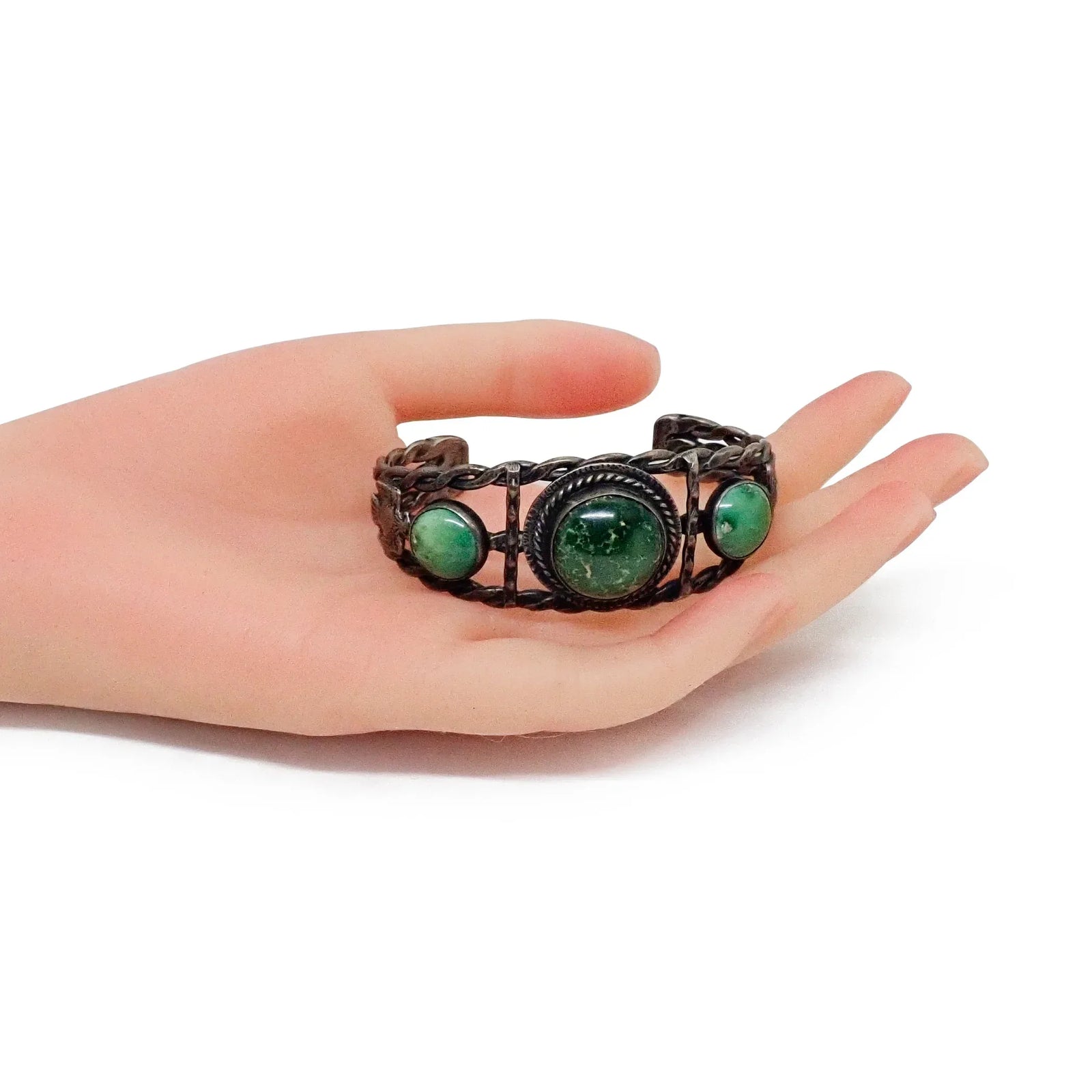 Harvey Era Navajo Natural Cerrillos Turquoise Trio Twisted Wire Sterling Silver Cuff Bracelet
