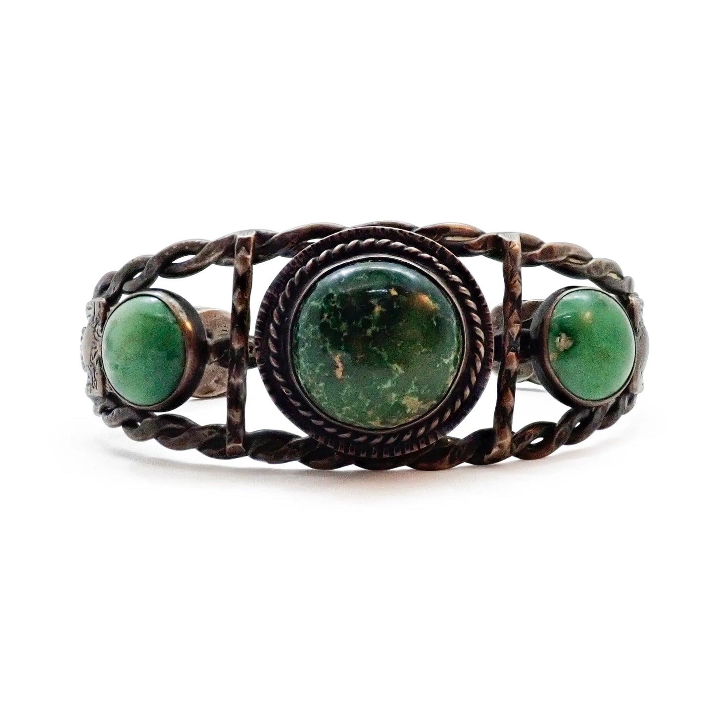 Vintage Boho-Chic Cerrillos Turquoise & Eagle Applique Twisted Wire Sterling Silver Cuff Bracelet