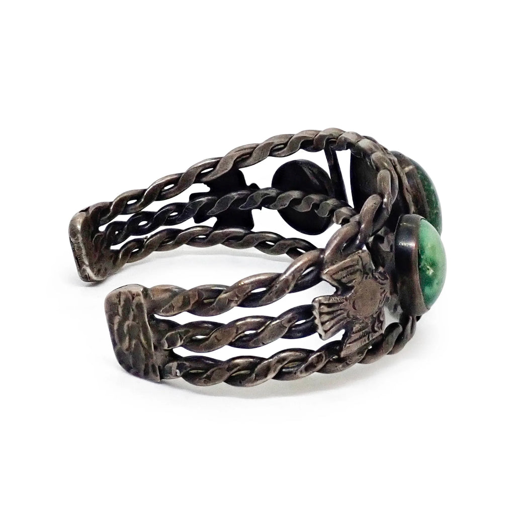 Vintage Boho-Chic Cerrillos Turquoise & Eagle Applique Twisted Wire Sterling Silver Cuff Bracelet