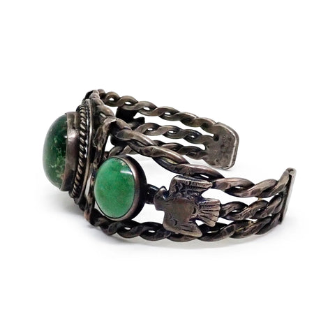 Vintage Boho-Chic Cerrillos Turquoise & Eagle Applique Twisted Wire Sterling Silver Cuff Bracelet