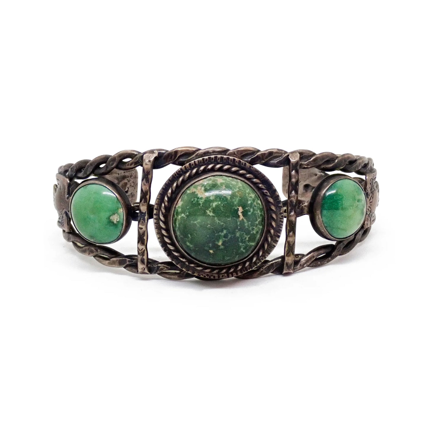 Vintage Boho-Chic Cerrillos Turquoise & Eagle Applique Twisted Wire Sterling Silver Cuff Bracelet