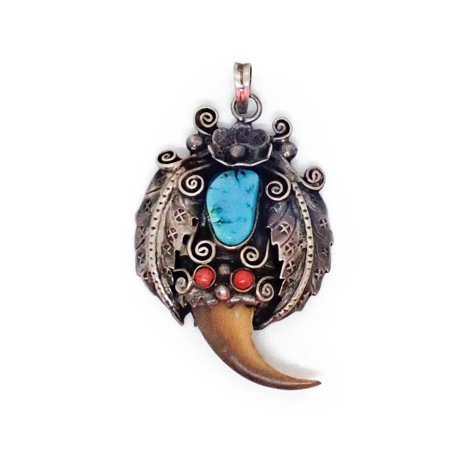 Native American Sleeping Beauty Turquoise Coral & Bear Claw Sterling Silver Pendant Signed