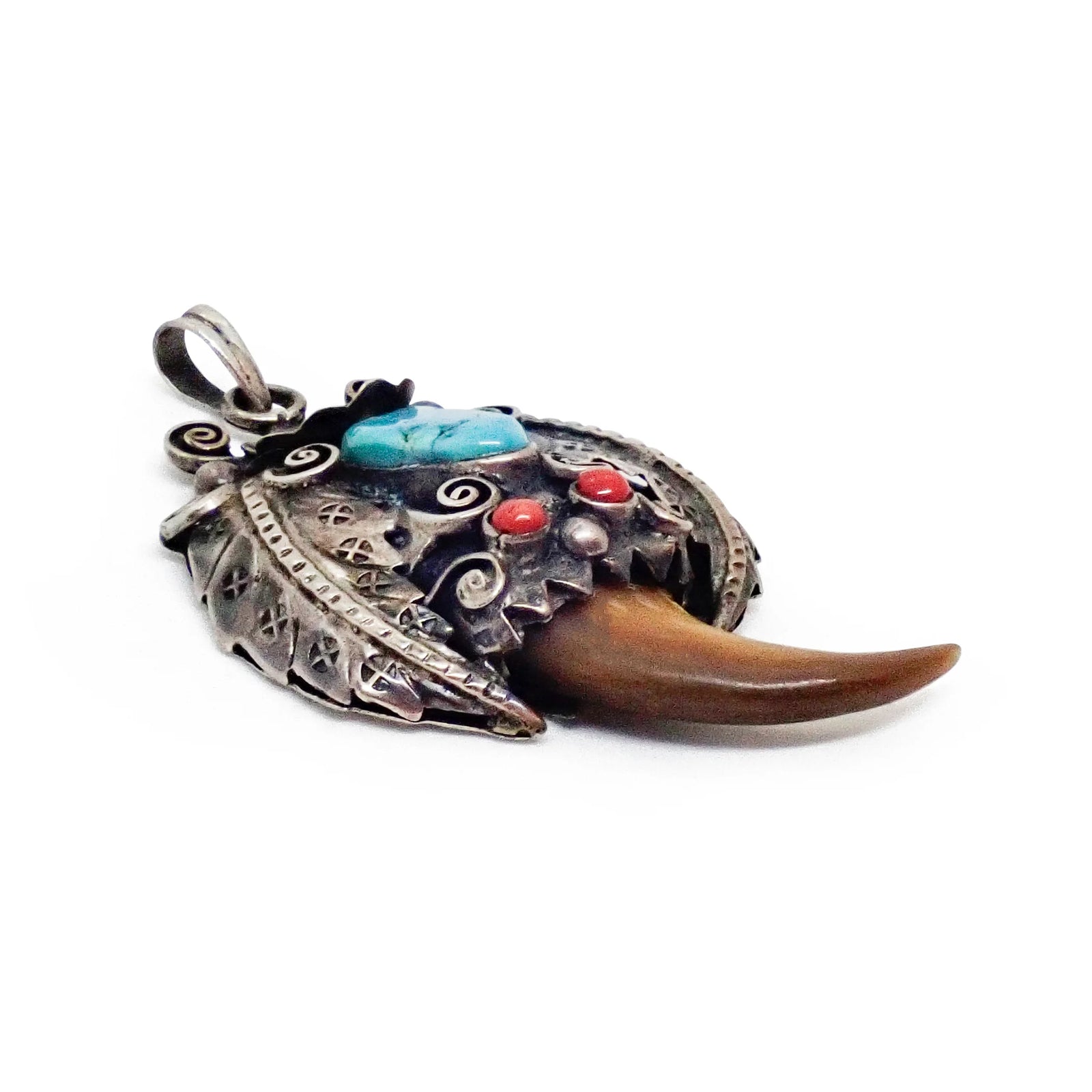 Native American Sleeping Beauty Turquoise Coral & Bear Claw Sterling Silver Pendant Signed
