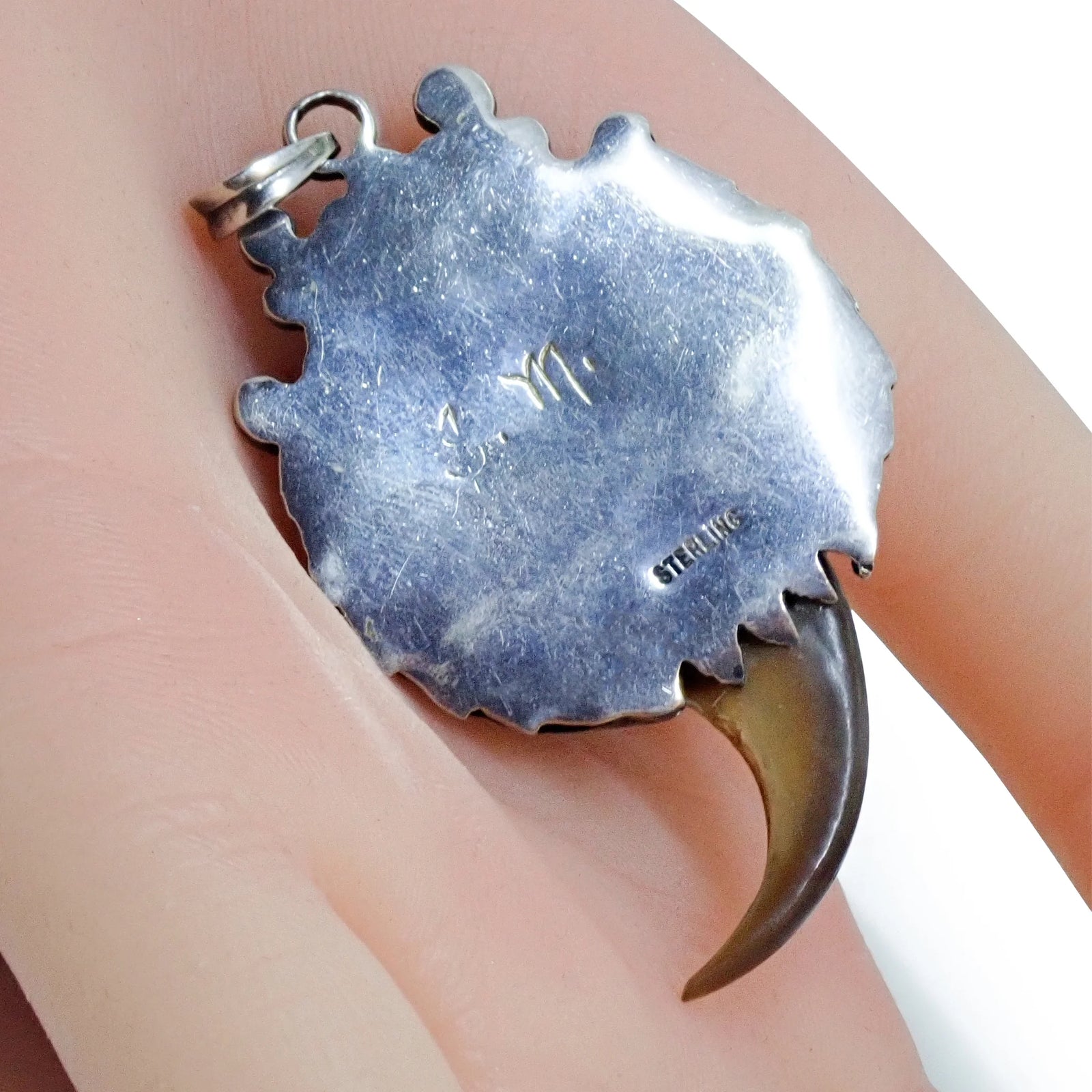 Native American Sleeping Beauty Turquoise Coral & Bear Claw Sterling Silver Pendant Signed