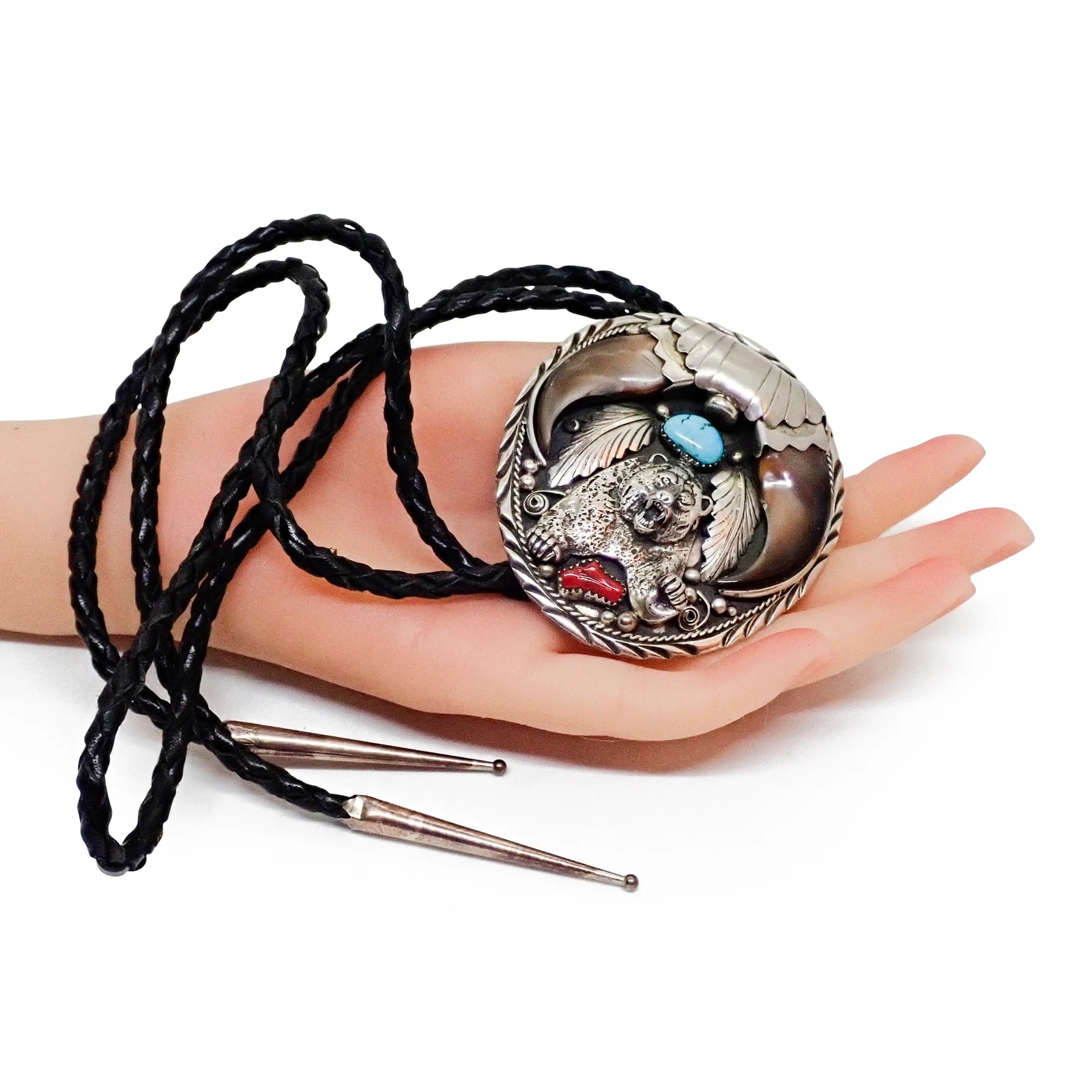 Native American Bear Claws Sleeping Beauty Turquoise & Coral Sterling Silver Sand Cast Bear Bolo Tie by E. SAM