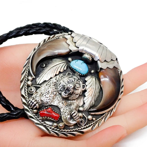 Native American Bear Claws Sleeping Beauty Turquoise & Coral Sterling Silver Sand Cast Bear Bolo Tie by E. SAM