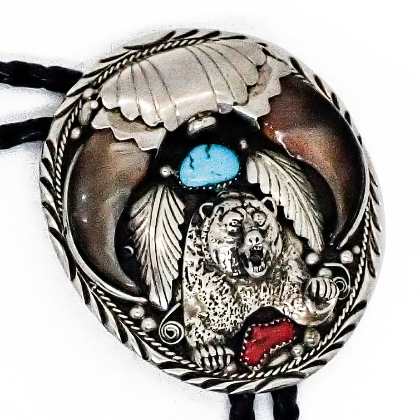 Native American Bear Claws Sleeping Beauty Turquoise & Coral Sterling Silver Sand Cast Bear Bolo Tie by E. SAM