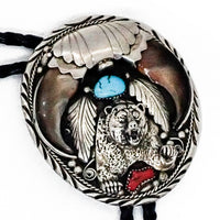 Native American Bear Claws Sleeping Beauty Turquoise & Coral Sterling Silver Sand Cast Bear Bolo Tie by E. SAM