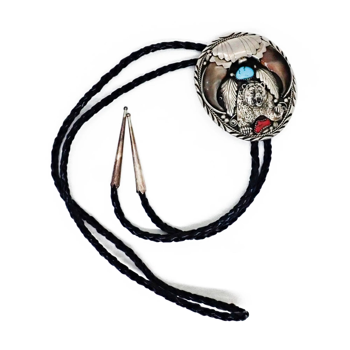 Native American Bear Claws Sleeping Beauty Turquoise & Coral Sterling Silver Sand Cast Bear Bolo Tie by E. SAM