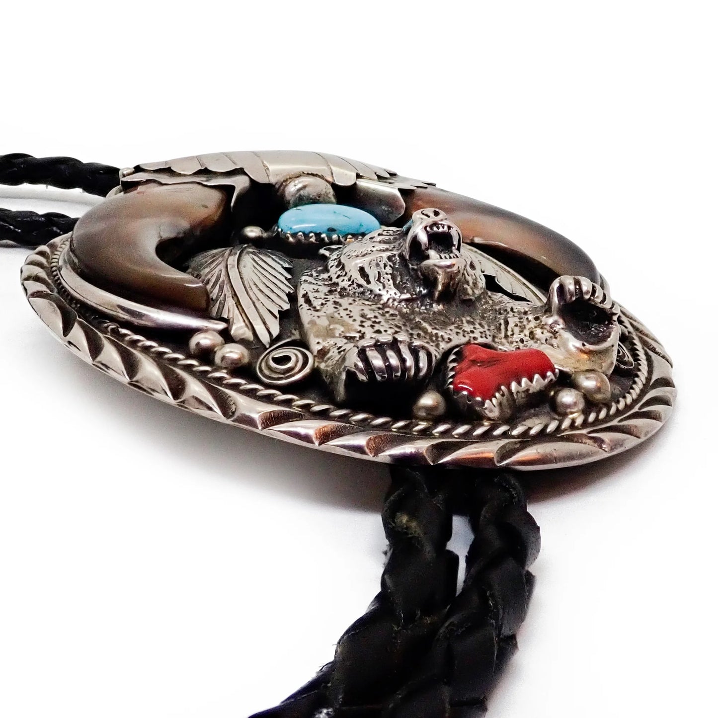 Native American Bear Claws Sleeping Beauty Turquoise & Coral Sterling Silver Sand Cast Bear Bolo Tie by E. SAM
