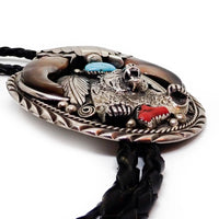 Native American Bear Claws Sleeping Beauty Turquoise & Coral Sterling Silver Sand Cast Bear Bolo Tie by E. SAM
