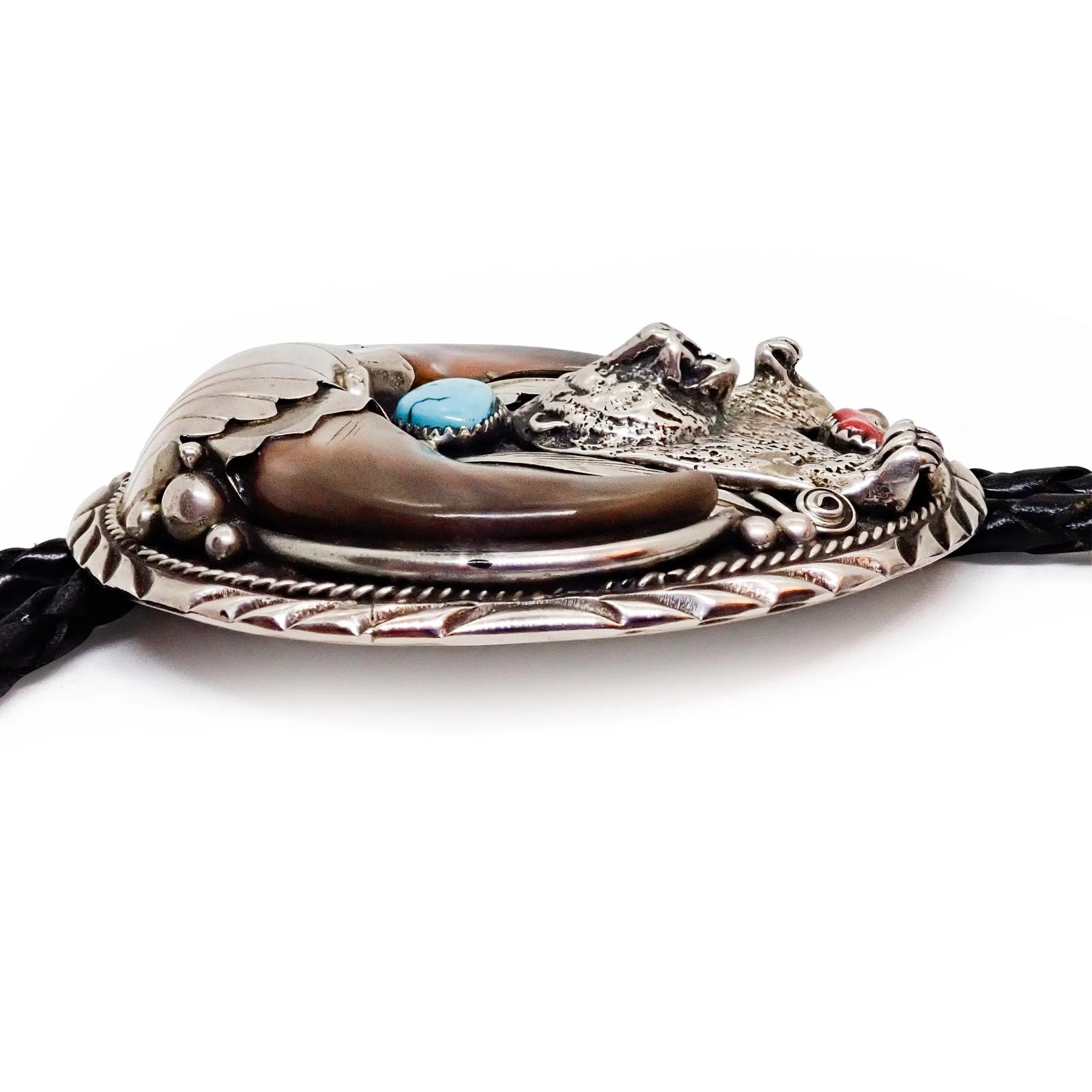Native American Bear Claws Sleeping Beauty Turquoise & Coral Sterling Silver Sand Cast Bear Bolo Tie by E. SAM