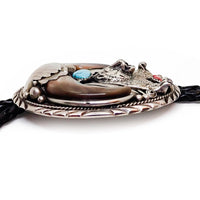 Native American Bear Claws Sleeping Beauty Turquoise & Coral Sterling Silver Sand Cast Bear Bolo Tie by E. SAM